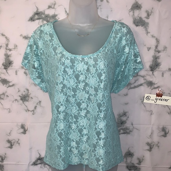 Large Aqua All Over Lace T Shirt Bobeau Shirt - Picture 1 of 13